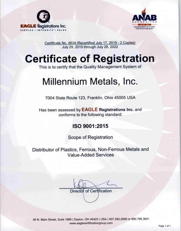 ISO Certification Millennium Metals